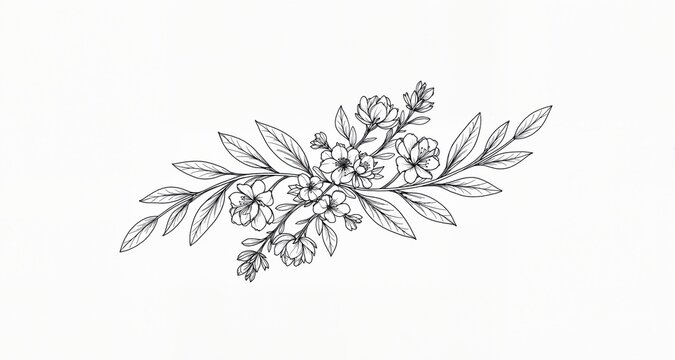 Floral branch and minimalist flowers for logo or tattoo. Hand drawn line wedding herb, elegant leaves
