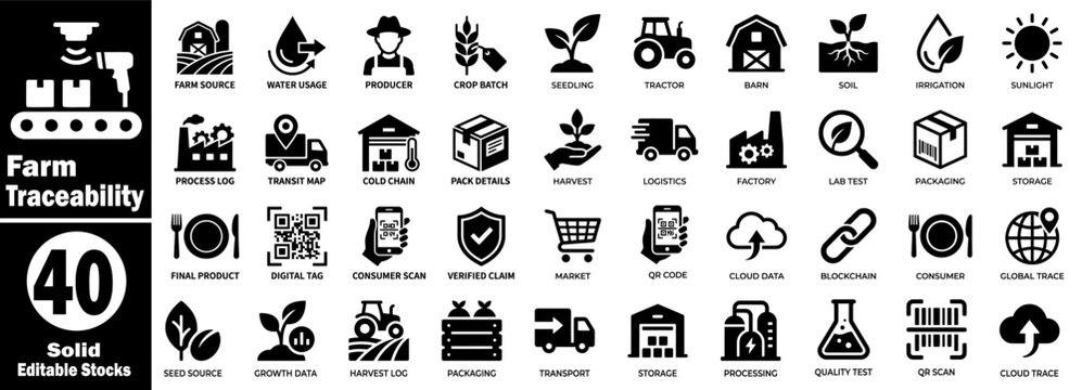 Farm traceability icon set. Black solid glyph style symbols for agriculture supply chain management, including logistics, harvest distribution, and storage.