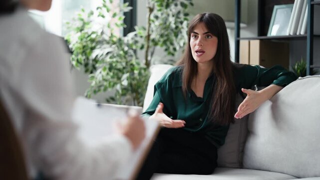 Video of beautiful woman having therapy while the psychologist takes notes, sitting on the couch in the psychology consultation