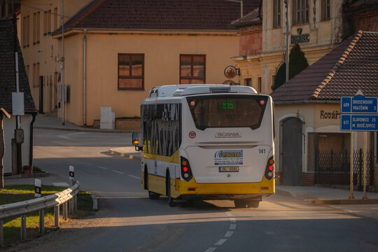 Bus of public transport in spring evening in Uhercice CZ 04 07 2026
