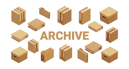 Fototapeta premium 3D office archive boxes and storage files with archive text subtitle for business organization