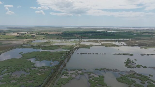 Aerial view of vast Camargue wetland with extensive shallow lagoons green marsh patches agricultural fields and distant horizon under blue sky