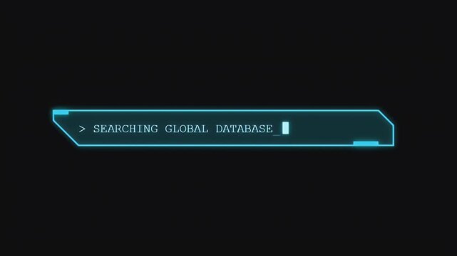 Digital heads up display element with searching global database text being typed in a glowing blue frame