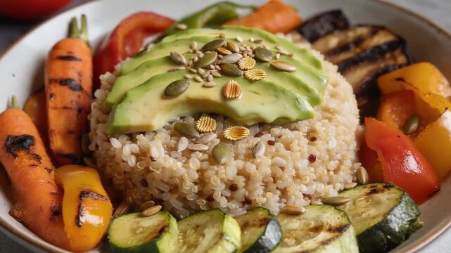 Healthy quinoa bowl topped with sliced avocado, roasted vegetables, and seeds, served in a clean modern dish with vibrant natural colors.