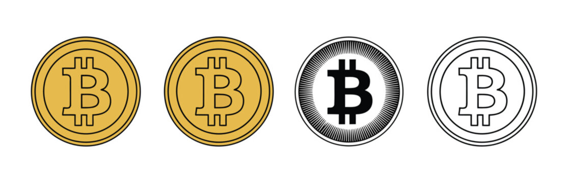 Bitcoin cryptocurrency icon set, decentralized virtual currency vector collection featuring golden coins and symbols in realistic, flat, and line styles for digital payment, blockchain transactions, a
