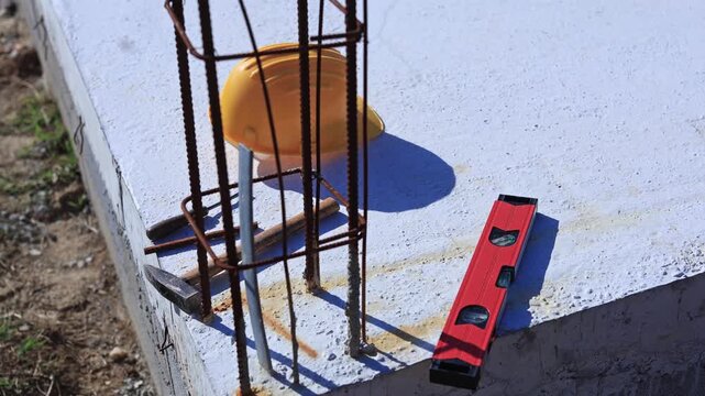 Construction tools and helmet on a cement foundation with iron rebar.
