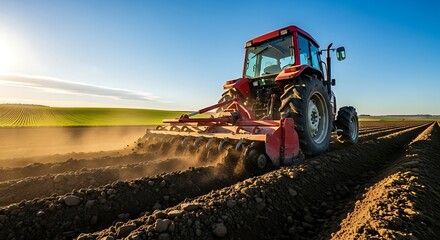 Fototapeta premium Red tractor plowing field under blue sky during daytime.