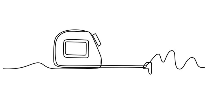 A continuous single line drawing of a measuring tape tool used by construction workers for accurate dimensioning. Vector, illustration