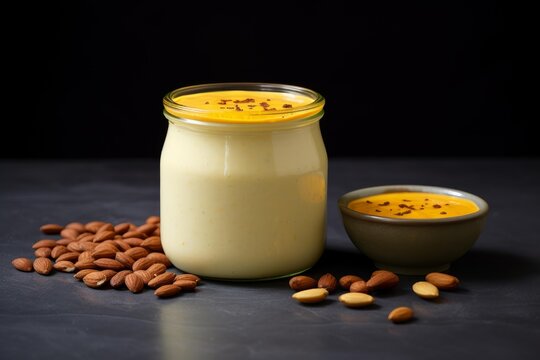 Creamy yogurt smoothie in a glass jar and bowl, garnished with a sprinkle and surrounded by almonds