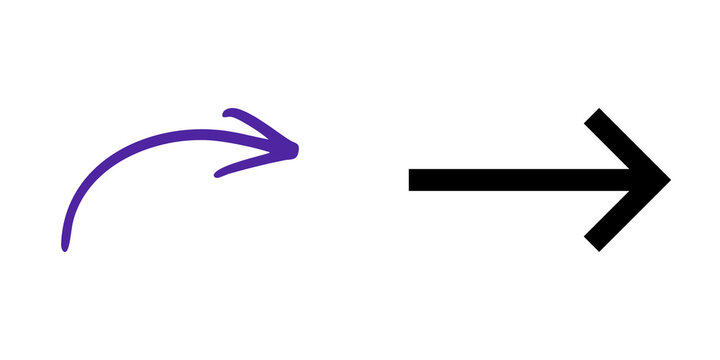 Two arrows, purple curved and black straight, isolated on transparent background