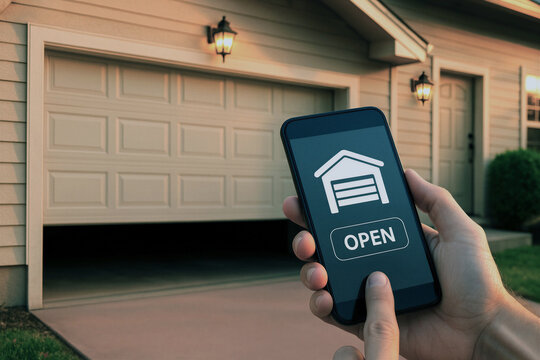 Smart home garage door control via smartphone at sunset. Wireless remote access system, home automation and security technology with mobile app interface.
