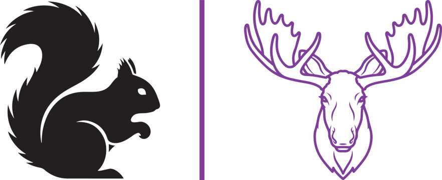 Squirrel silhouette and moose head outline vector illustration isolated on white background