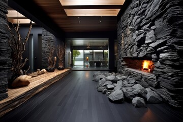 Obraz premium Luxurious contemporary interior featuring dark wood flooring, stone walls, and a burning fireplace