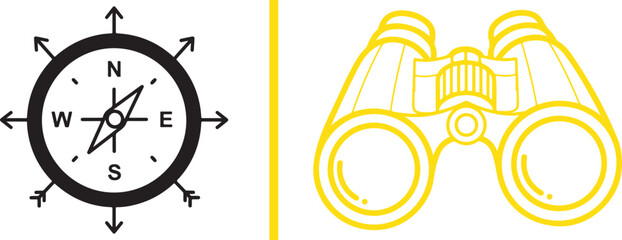 Fototapeta premium Compass and binoculars line art icons for navigation and exploration vector isolated on white background