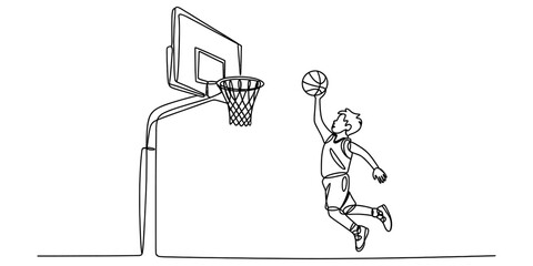 A single continuous line drawing of a young athlete jumping high to dunk a basketball into a hoop in the arena. Vector, illustration © Continues One Line D