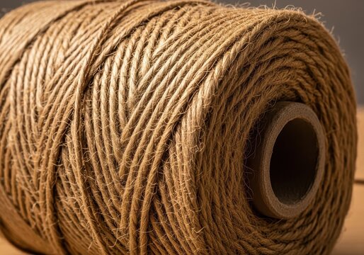 A close-up shot focusing on a large spool of rustic natural brown jute twine string used for wrapping, gardening, and various craft projects, close-up, raw, thread