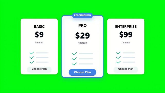 Digital pricing table showing three subscription tiers including basic pro and enterprise options for a website