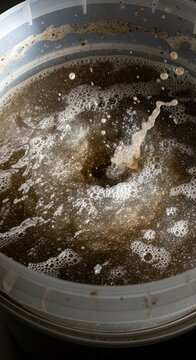 A close-up shot of extremely filthy, brown, and gray murky water sloshing inside a plastic cleaning bucket after scrubbing floors, residue, murky, unhygienic