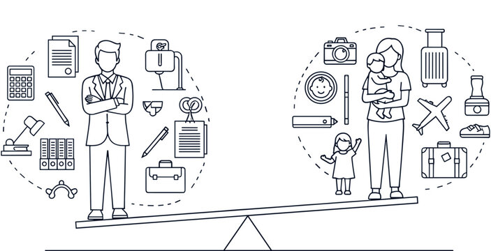 Vector illustration of seesaw showing imbalance between professional work responsibilities and family life balance