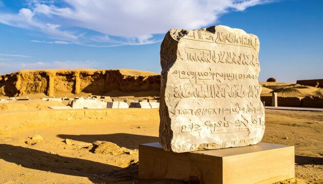 Ancient cuneiform stone tablet with detailed script rests on a pedestal against a backdrop of desert ruins and sky