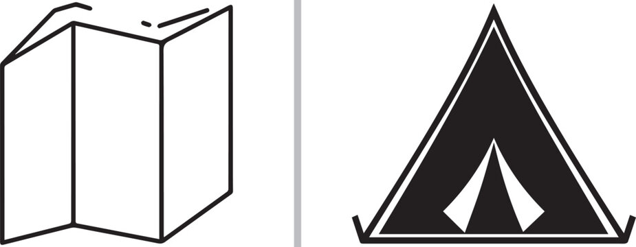 Travel and camping icons set with folded map and tent vector illustration isolated on white background