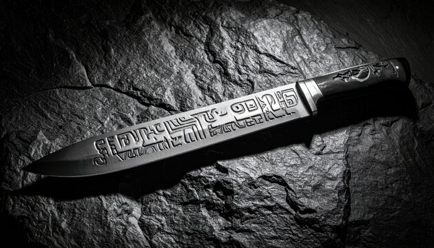 An ancient obsidian blade inscribed with Mesoamerican glyphs rests on a textured stone surface, its polished surface reflecting dimly.