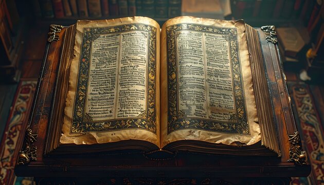 An ancient, open codex filled with ornate, illuminated text and borders, a window into forgotten knowledge.