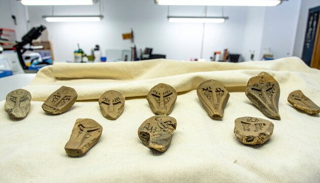 A curated collection of small ancient ostraca, each featuring remnants of demotic script, arranged on a textured surface.