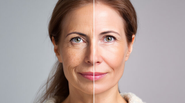Female face before and after retouching. Skin care concept. facial cleansing and color correction. Cosmetology treatment