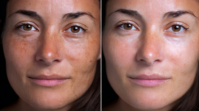 Female face before and after retouching. Skin care concept. facial cleansing and color correction.