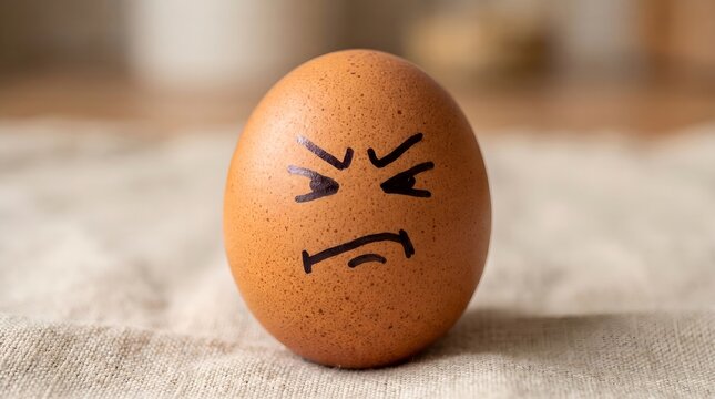 A single brown egg with an angry face drawn on it, sitting on a textured fabric surface