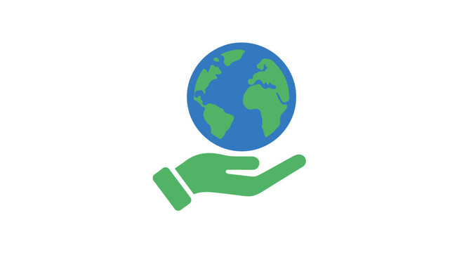 Green hand holding blue earth globe.
