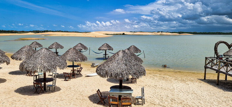 Straw huts on the banks of the Torta Lagoon, Tatajuba Beach at Jijoca de Jericoacoara, Ceara in Brazil