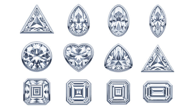 Various diamond gemstones in different shapes and cuts on white