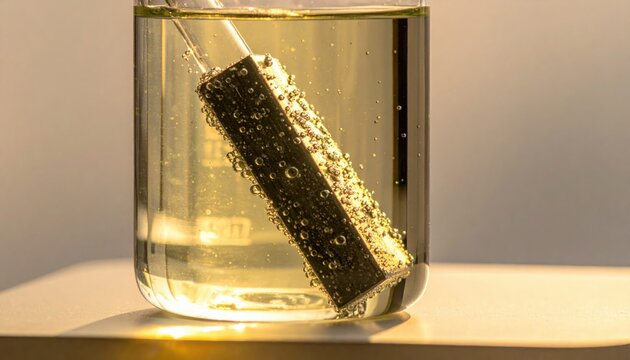 A metallic sodium block undergoing reaction submerged in mineral oil within a clear glass beaker, demonstrating chemical principles.