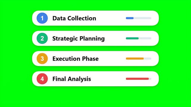 Animated business process steps showing data collection, strategic planning, execution phase and final analysis