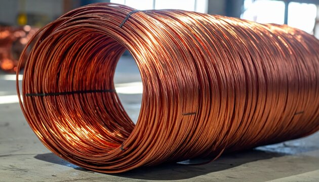 A tightly coiled bundle of shiny copper electrical wire gleams under direct illumination, showcasing industrial material