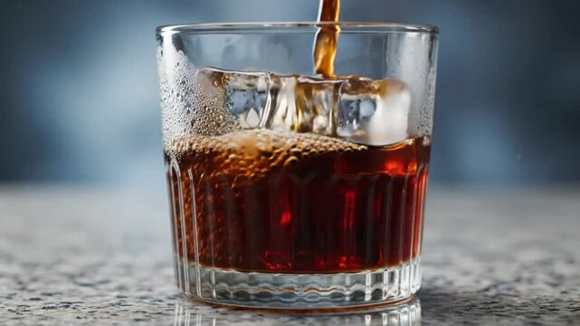 Pouring iced coffee into a glass with ice cubes on a granite surface, close up, static shot