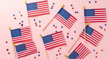 Fototapeta premium Happy 4th of july festive american flags and confetti for independence day celebrations