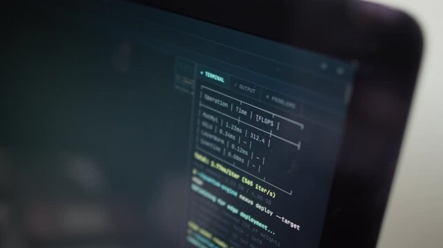 Extreme close up shot of computer screen showing console interface with dark theme in office