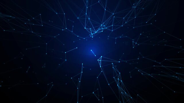 Digital data protection concept showing cybersecurity network with polygons, dots, and connected lines.