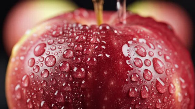 Close up of a red apple with water droplets and liquid pouring.