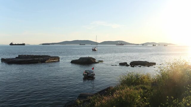 Istanbul Sea of Marmara Sunset with Islands, Boats, Rocks and Coastal Nature, Turkey Scenic View
