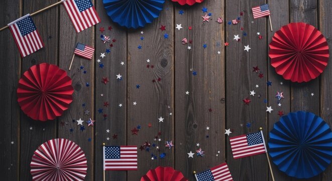 Festive happy 4th of july decorations patriotic paper fans american flags on wood