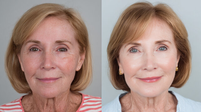 Portrait of a 70-year-old woman before and after circular skin tightening, procedures,  application of creams, lotions and other cosmetic procedures for the care of mature skin.