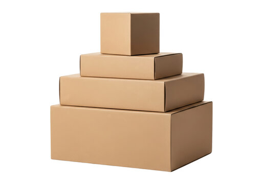 Stack of four different sized blank cardboard boxes for shipping. Isolated on transparent background, png