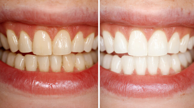 Cropped shot of young caucasian woman before and after veneers installation. The result of teeth whitening. Dentistry, dental treatment.