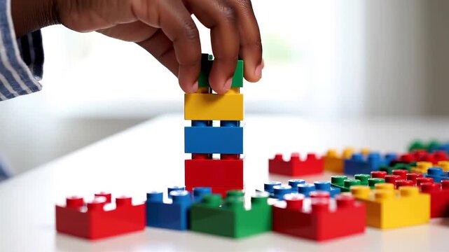 Close up of child's hands stacking colorful plastic building blocks on a table