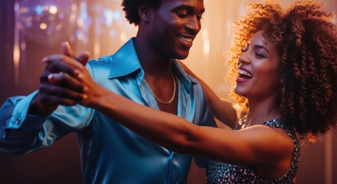 African american man and woman dancing at disco party. Happy couple having fun in nightclub. Night lifestyle, celebration and romance concept. Energetic music and joy in club setting.