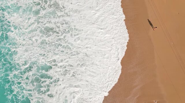 Aerial top down view Gjipe Beach with woman walking enjoy relax on sandy shore while clear turquoise waves of Ionian sea crash close